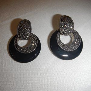 VINTAGE ONYX/MARCASITE .925 STERLING HOOP EARRINGS